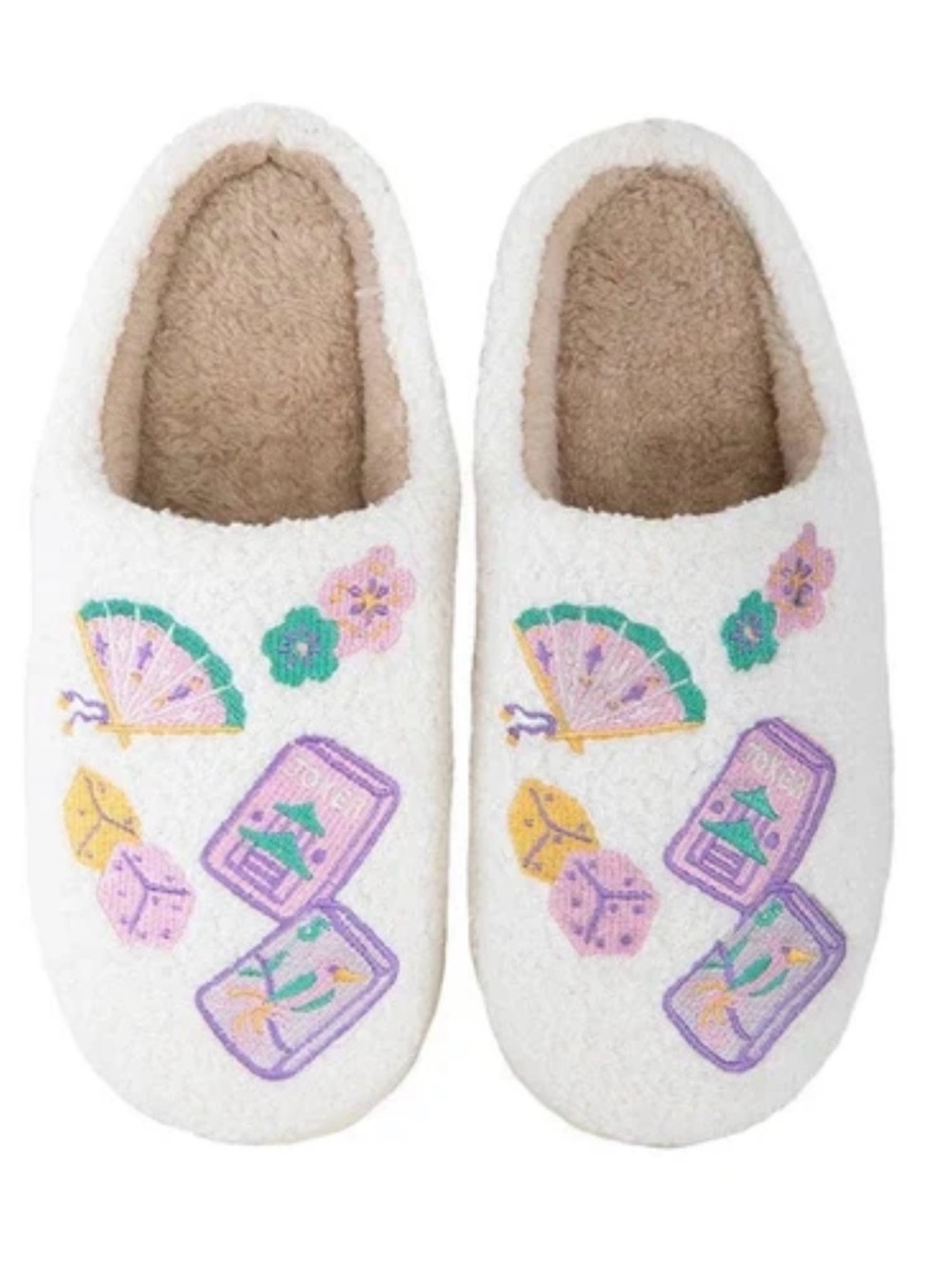 Brand new Women’s KatyDid Sherpa Slippers with Pastel Mahjong & Fan Embroidery